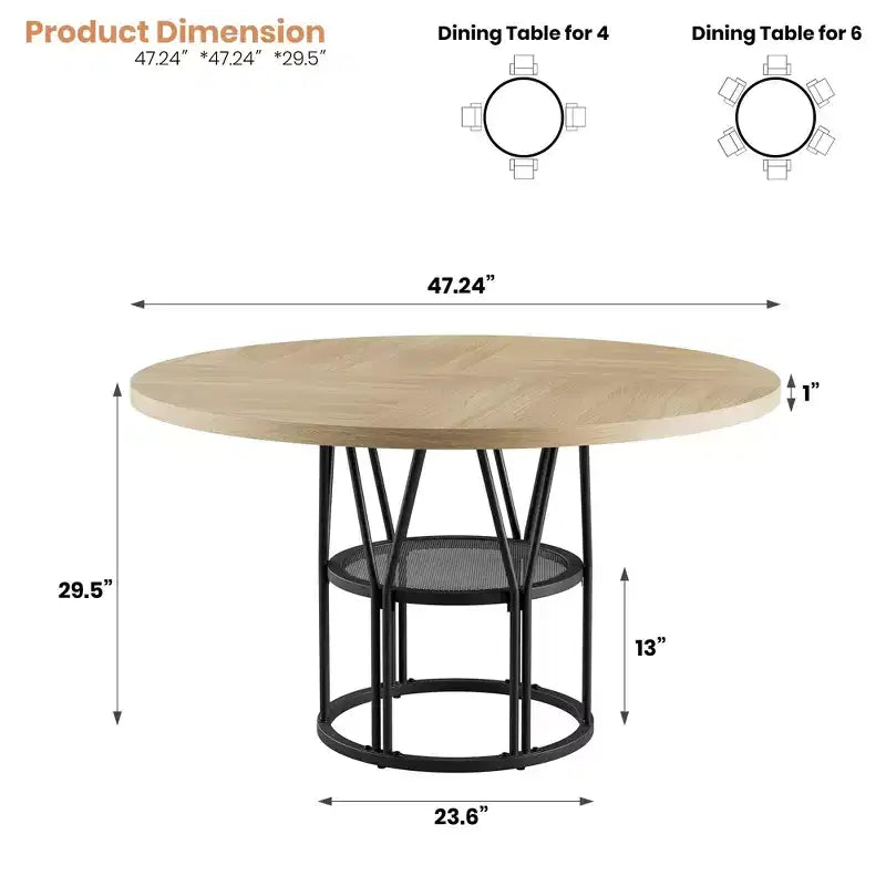Table à manger ronde de 47" pour 4 à 6 personnes avec étagère de rangement et cadre en métal