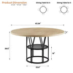 Table à manger ronde de 47" pour 4 à 6 personnes avec étagère de rangement et cadre en métal