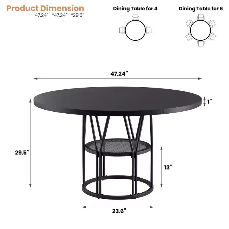 Table à manger ronde de 47" pour 4 à 6 personnes avec étagère de rangement et cadre en métal