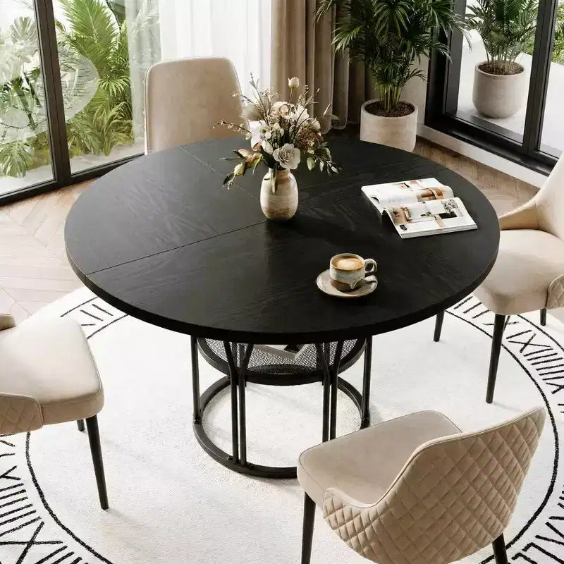 Table à manger ronde de 47" pour 4 à 6 personnes avec étagère de rangement et cadre en métal