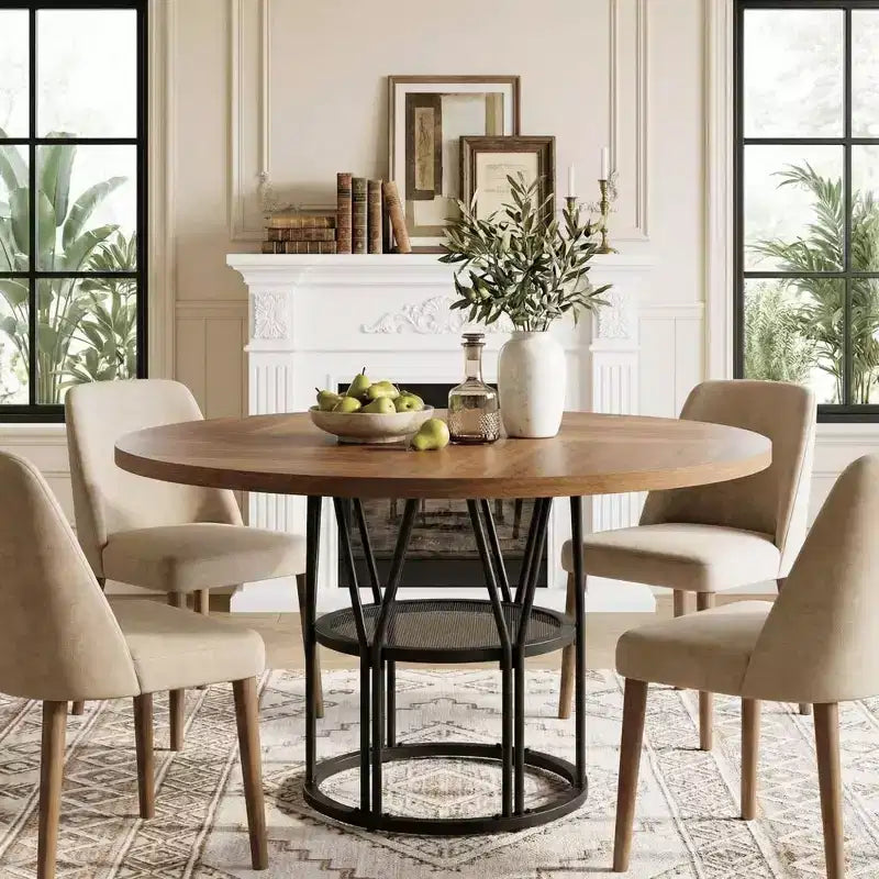 Table à manger ronde de 47" pour 4 à 6 personnes avec étagère de rangement et cadre en métal