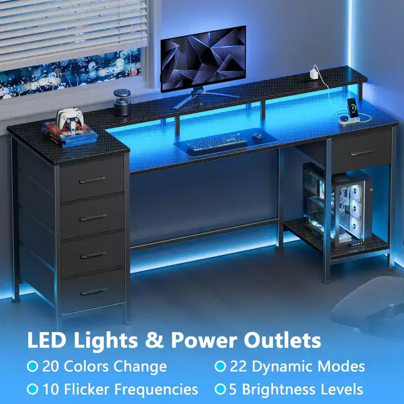 Bureau de jeu de 55 pouces avec lumières LED, station de charge et tiroirs en tissu