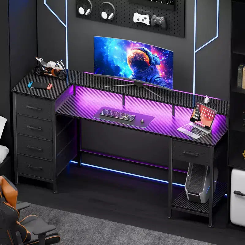 Bureau de jeu de 55 pouces avec lumières LED, station de charge et tiroirs en tissu