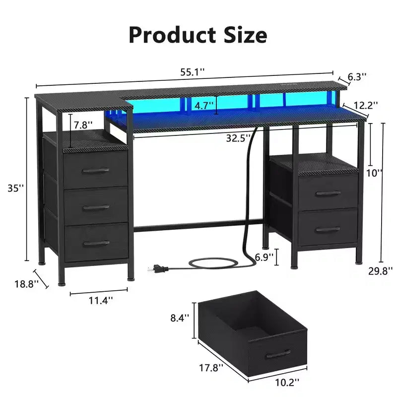 Bureau de jeu de 55 pouces avec lumières LED, station de charge et tiroirs en tissu