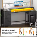 Bureau de jeu de 55 pouces avec lumières LED, station de charge et tiroirs en tissu