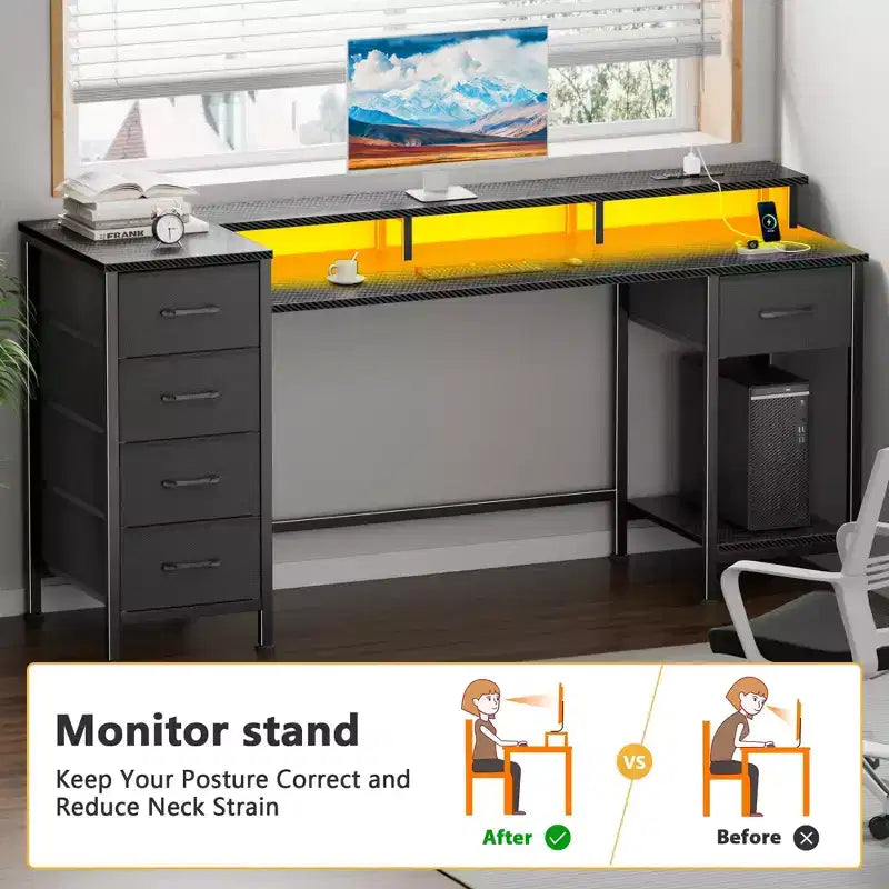 Bureau de jeu de 55 pouces avec lumières LED, station de charge et tiroirs en tissu