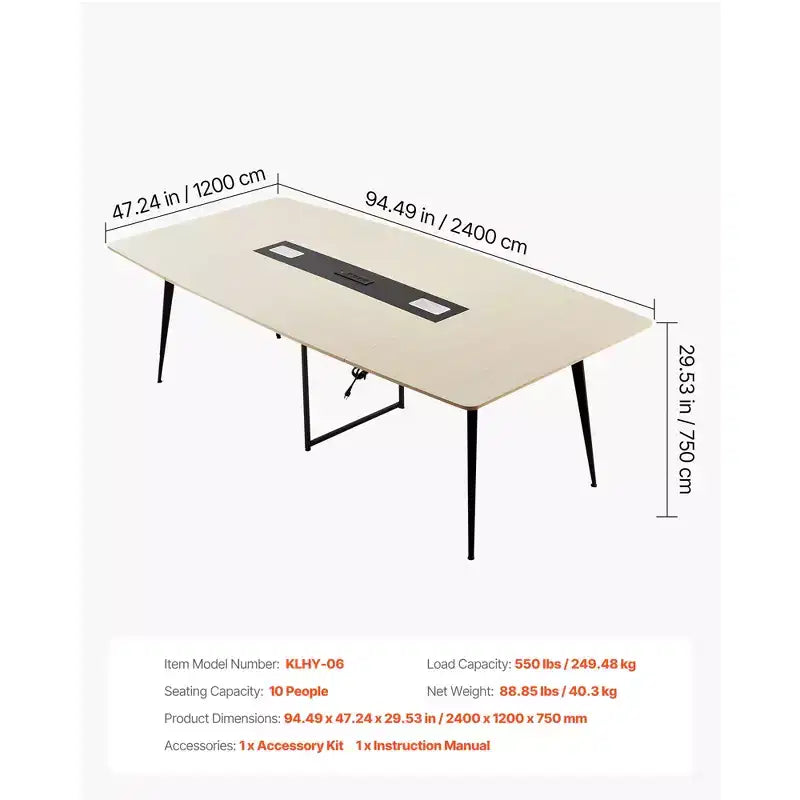 Table de conférence ovale de 2,4 m avec station de charge pour 10 personnes