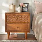 Table de chevet 2 tiroirs style Mid-Century Modern – Rotin naturel et Chêne blond