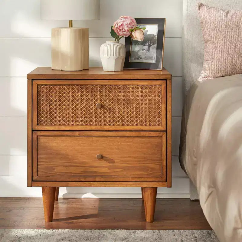 Table de chevet 2 tiroirs style Mid-Century Modern – Rotin naturel et Chêne blond