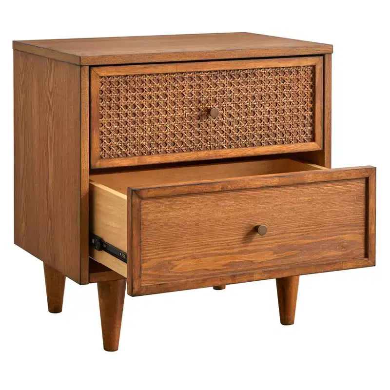Table de chevet 2 tiroirs style Mid-Century Modern – Rotin naturel et Chêne blond