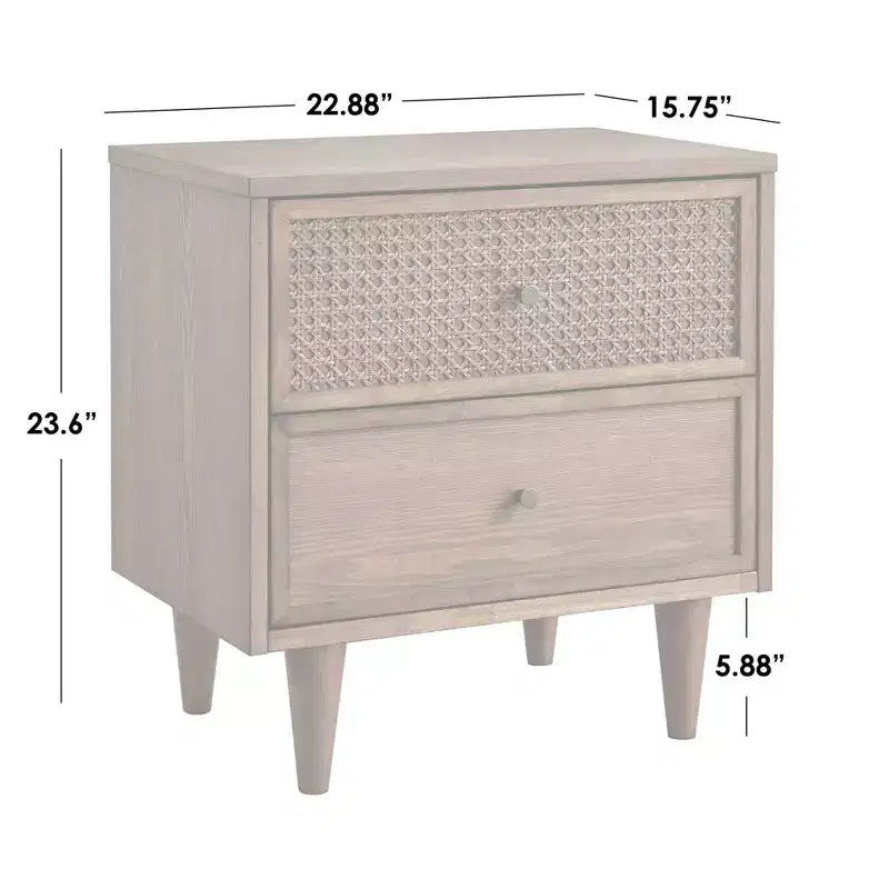 Table de chevet 2 tiroirs style Mid-Century Modern – Rotin naturel et Chêne blond