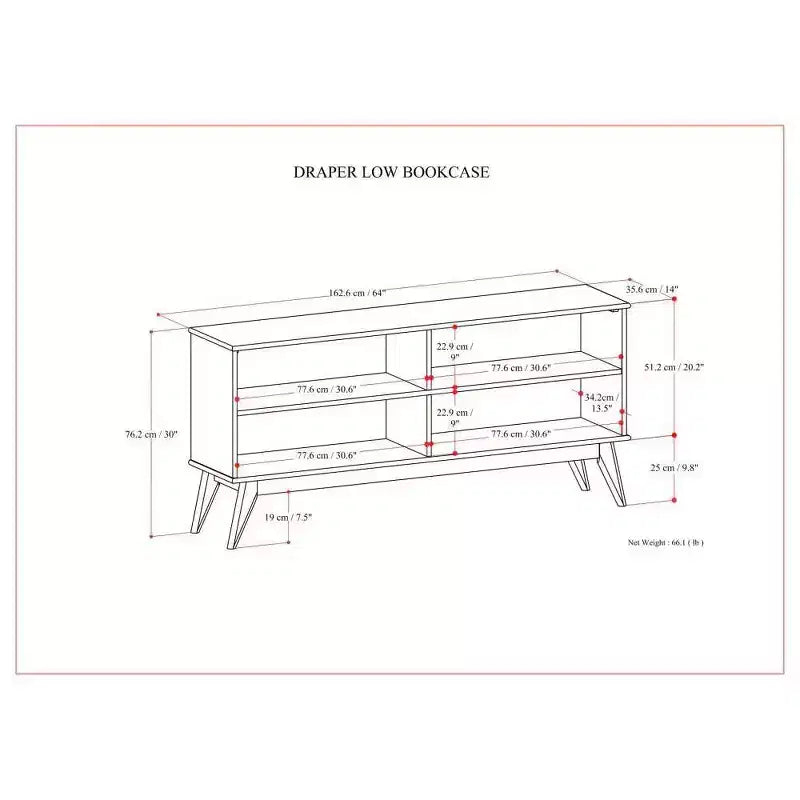 Bibliothèque basse de 76 cm avec 4 étagères fixes – Bois d'hévéa brun teck
