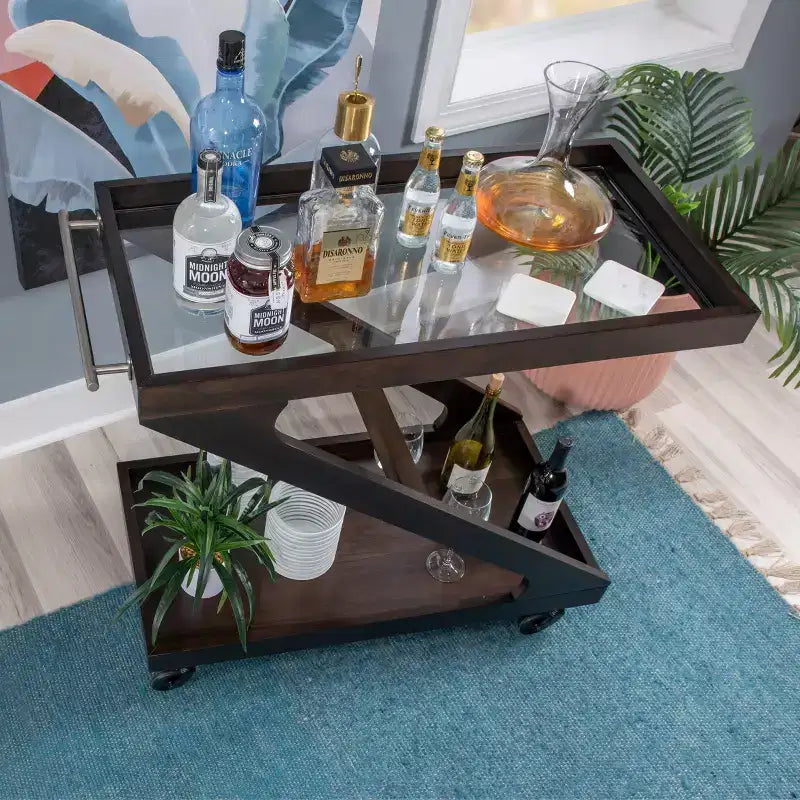 Desserte de bar roulante en bois massif en Z et verre trempé
