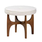Pouffe Japandi en tissu bouclé crème avec base en bois d'hévéa brun noyer