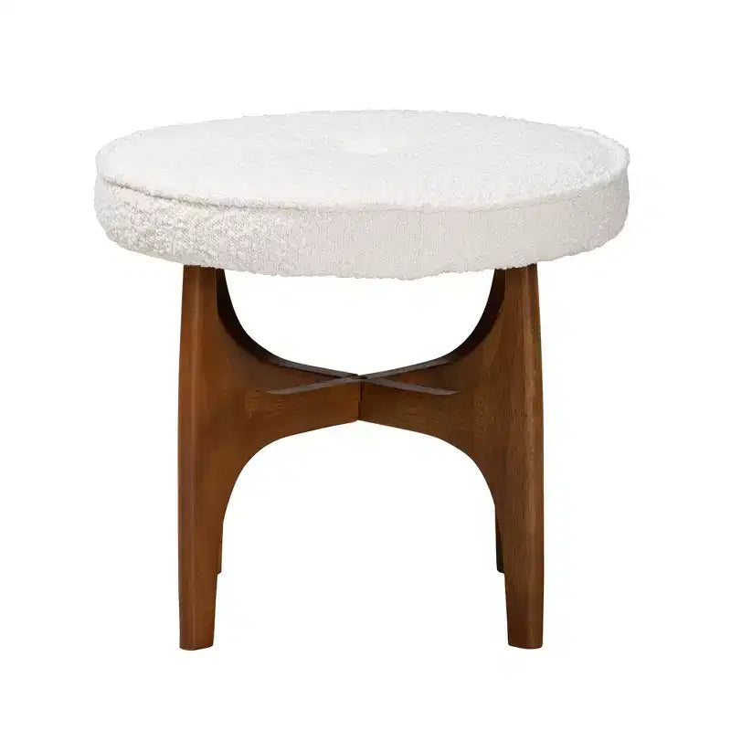 Pouffe Japandi en tissu bouclé crème avec base en bois d'hévéa brun noyer