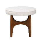 Pouffe Japandi en tissu bouclé crème avec base en bois d'hévéa brun noyer