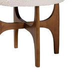 Pouffe Japandi en tissu bouclé crème avec base en bois d'hévéa brun noyer