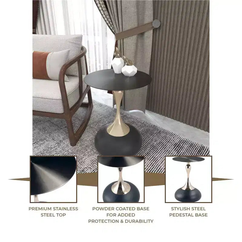 Table d'appoint/de chevet sur pied moderne en acier inoxydable noir