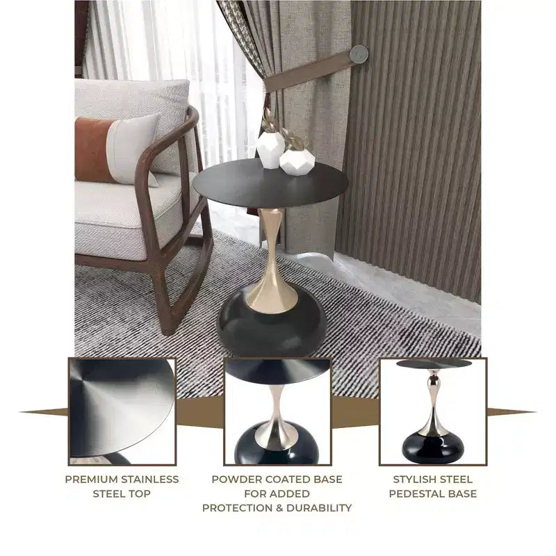 Table d'appoint/de chevet sur pied moderne en acier inoxydable noir
