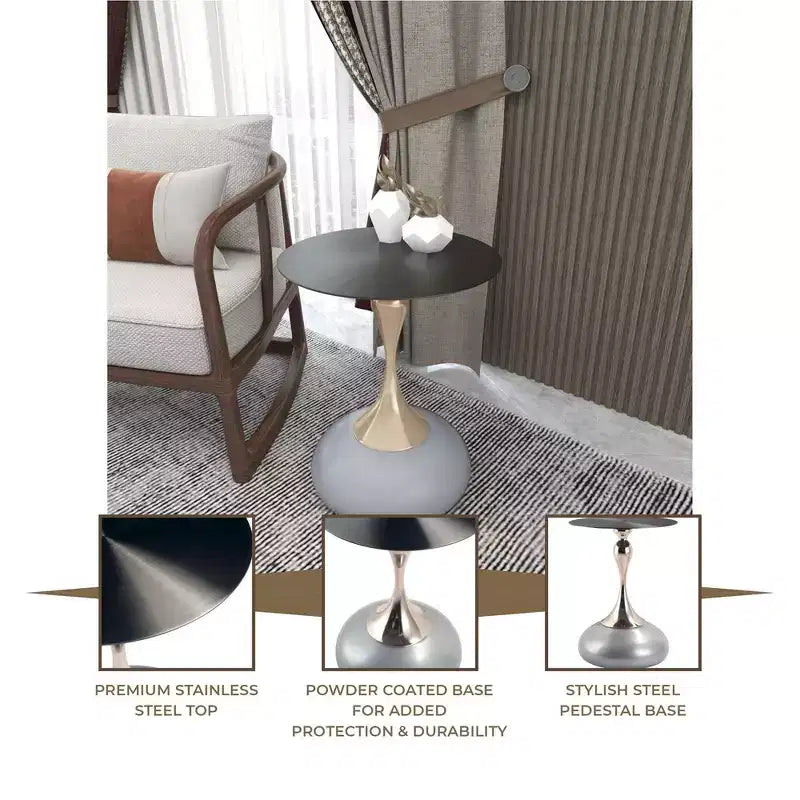 Table d'appoint/de chevet sur pied moderne en acier inoxydable noir