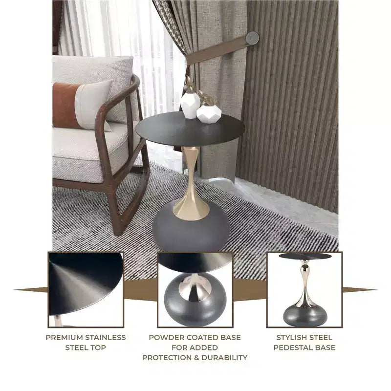 Table d'appoint/de chevet sur pied moderne en acier inoxydable noir