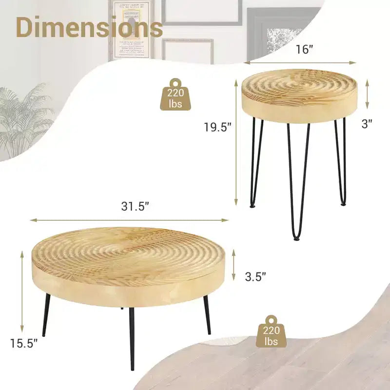 Ensemble de 2 tables basses et d'appoint rondes de style campagnard – Finition naturelle