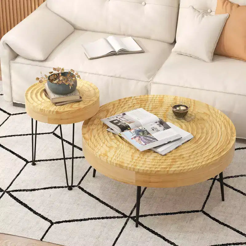 Ensemble de 2 tables basses et d'appoint rondes de style campagnard – Finition naturelle