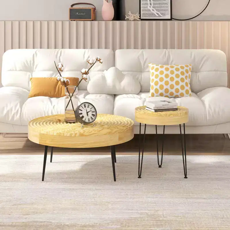 Ensemble de 2 tables basses et d'appoint rondes de style campagnard – Finition naturelle