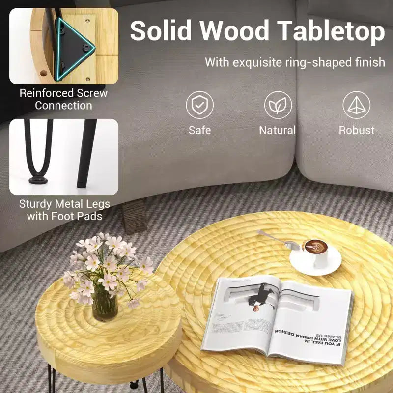 Ensemble de 2 tables basses et d'appoint rondes de style campagnard – Finition naturelle