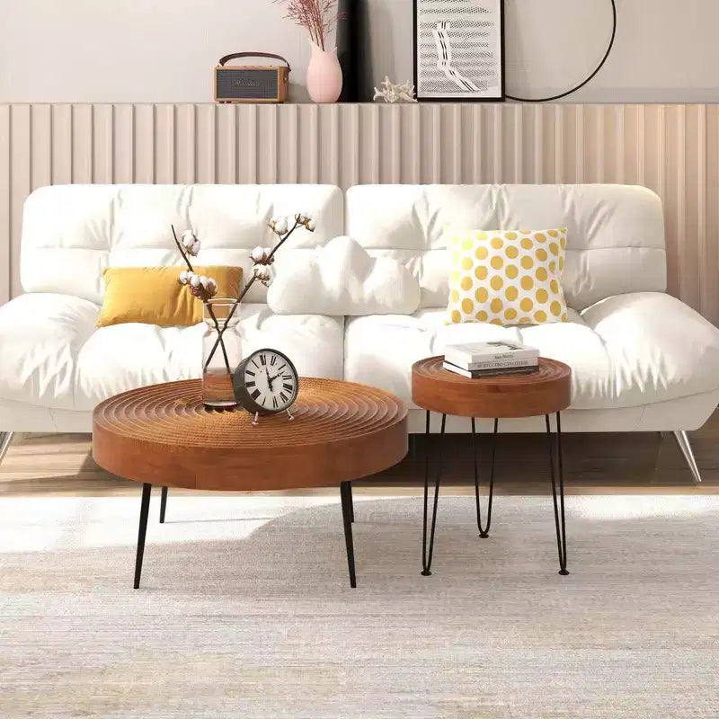 Ensemble de 2 tables basses et d'appoint rondes de style campagnard – Finition naturelle