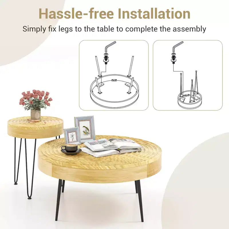 Ensemble de 2 tables basses et d'appoint rondes de style campagnard – Finition naturelle