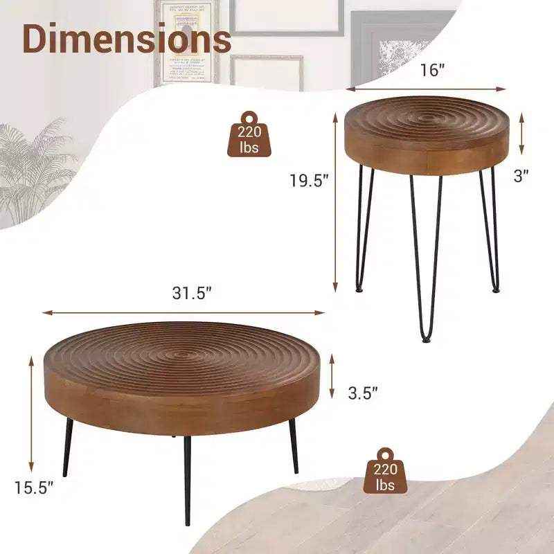 Ensemble de 2 tables basses et d'appoint rondes de style campagnard – Finition naturelle