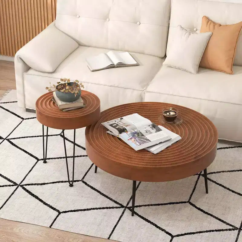 Ensemble de 2 tables basses et d'appoint rondes de style campagnard – Finition naturelle