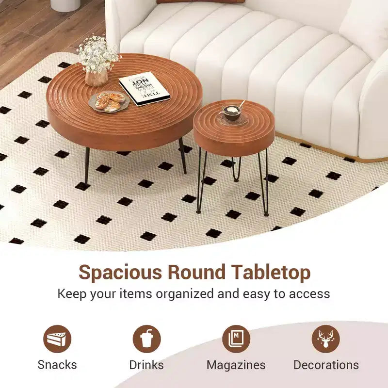 Ensemble de 2 tables basses et d'appoint rondes de style campagnard – Finition naturelle