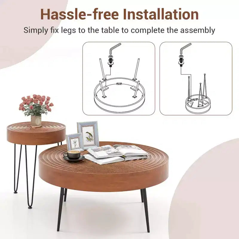 Ensemble de 2 tables basses et d'appoint rondes de style campagnard – Finition naturelle