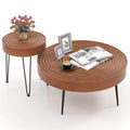 Costway Farmhouse Round CoffeeTable Set of 2 End Table Natural Finish for Living Room Brown/Natural