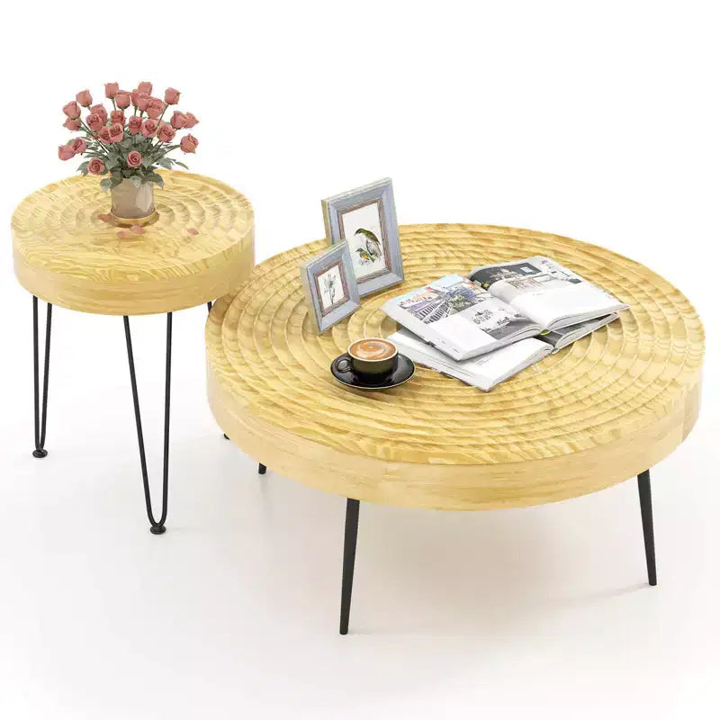 Ensemble de 2 tables basses et d'appoint rondes de style campagnard – Finition naturelle