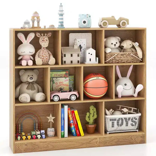 Costway 10-Cube Bookcase for Kids 41Wooden Toy Storage Organizer for Kids Room White/Natural