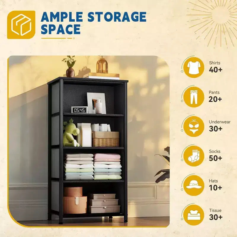 Commode à 4 tiroirs en tissu avec plateau en bois et cadre en acier