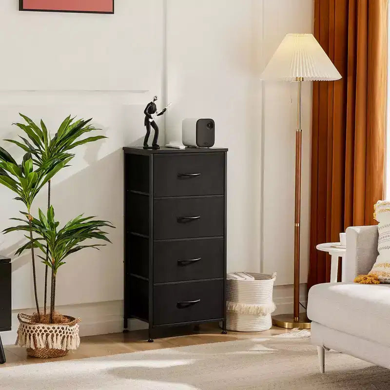 Commode à 4 tiroirs en tissu avec plateau en bois et cadre en acier