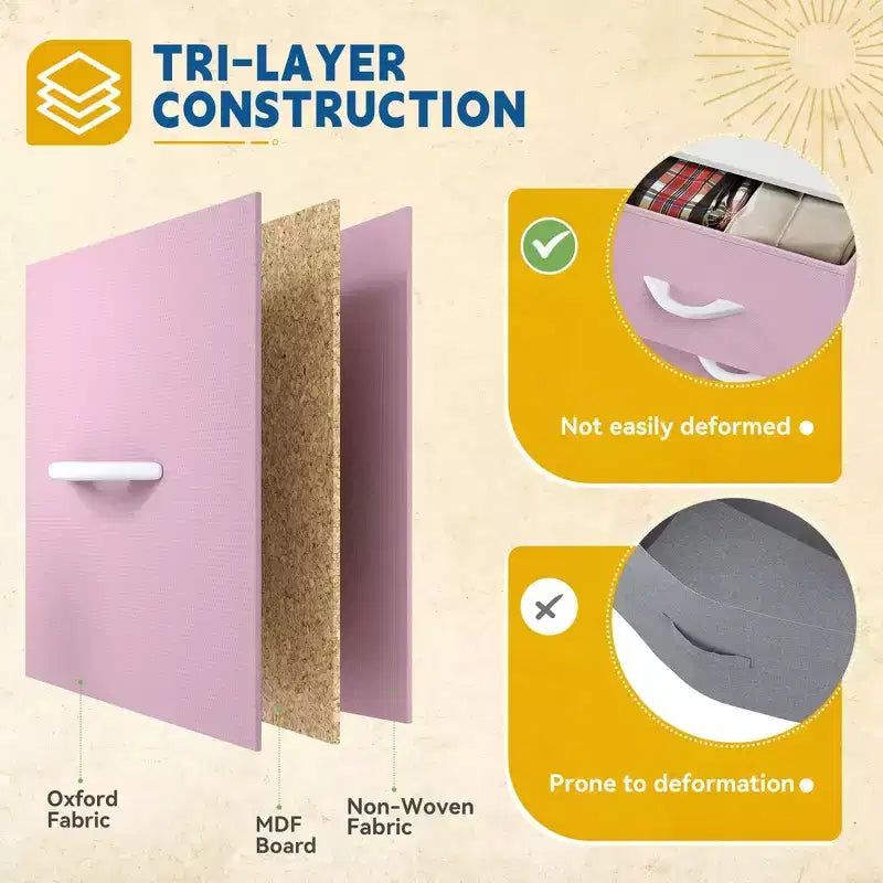 Commode à 4 tiroirs en tissu avec plateau en bois et cadre en acier