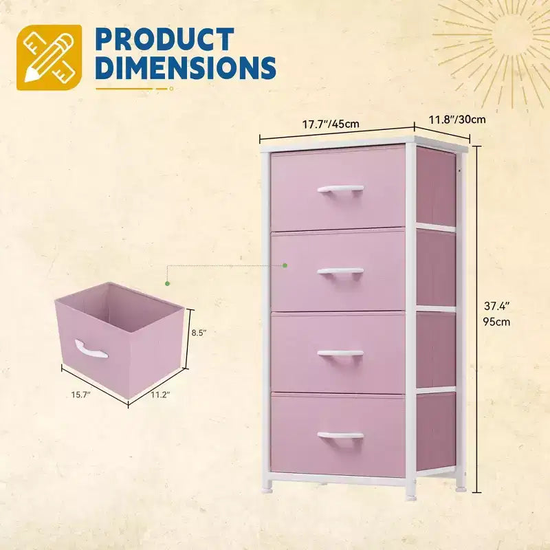Commode à 4 tiroirs en tissu avec plateau en bois et cadre en acier