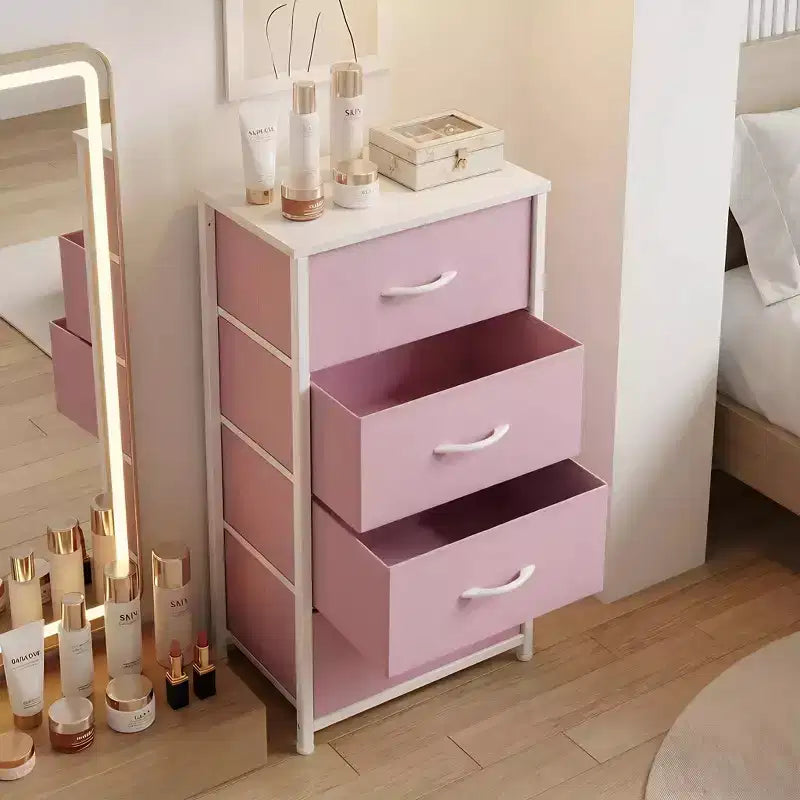 Commode à 4 tiroirs en tissu avec plateau en bois et cadre en acier