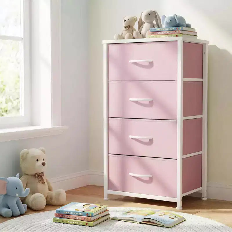 Commode à 4 tiroirs en tissu avec plateau en bois et cadre en acier