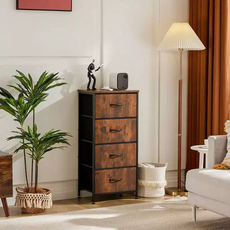 Commode à 4 tiroirs en tissu avec plateau en bois et cadre en acier
