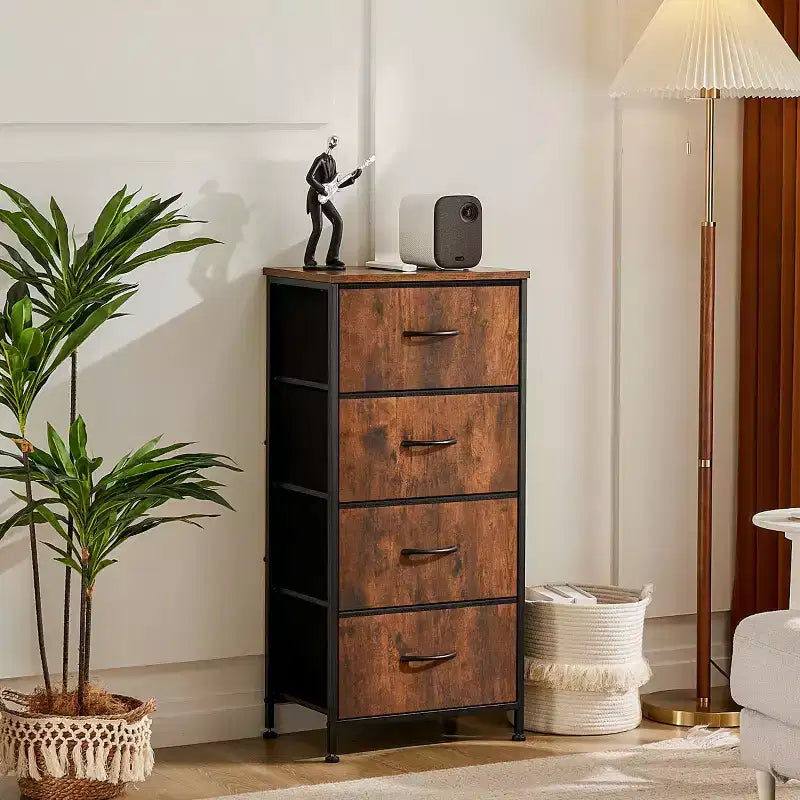 Commode à 4 tiroirs en tissu avec plateau en bois et cadre en acier