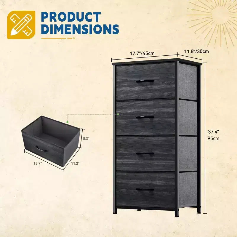 Commode à 4 tiroirs en tissu avec plateau en bois et cadre en acier