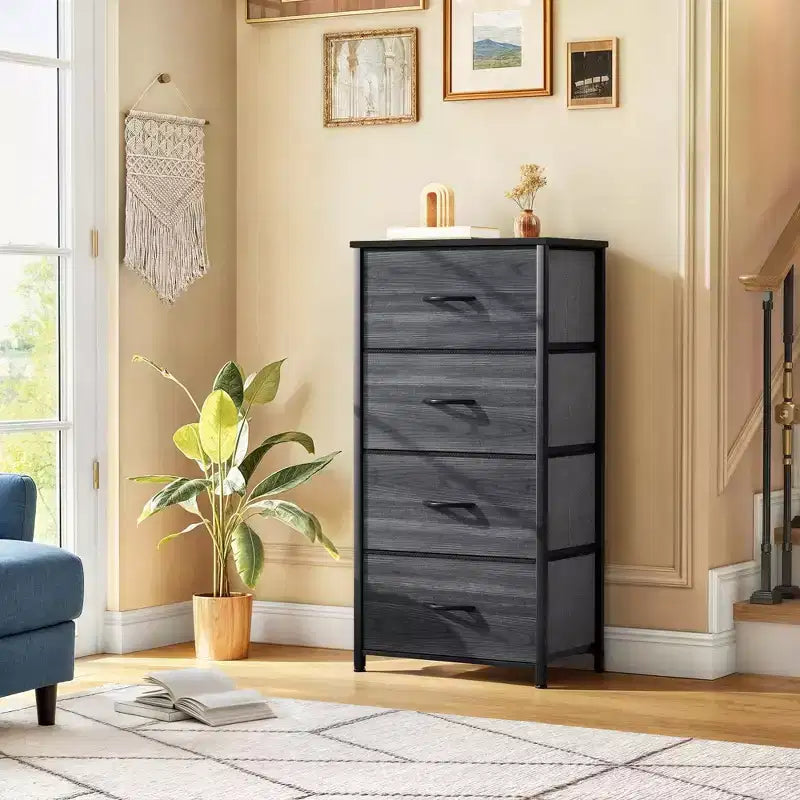 Commode à 4 tiroirs en tissu avec plateau en bois et cadre en acier