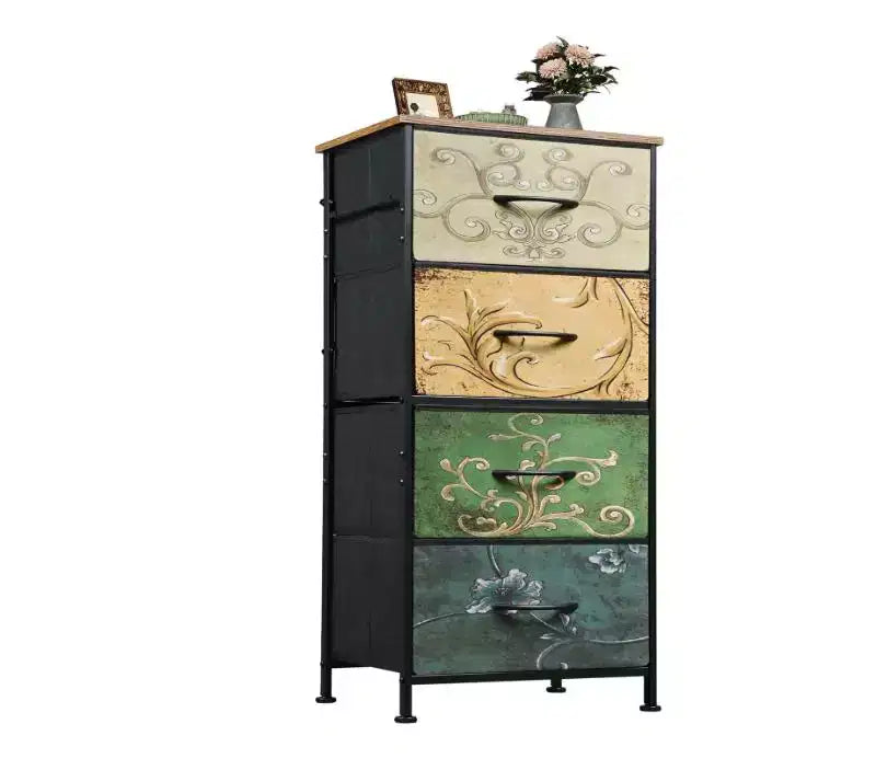 Commode à 4 tiroirs en tissu avec plateau en bois et cadre en acier