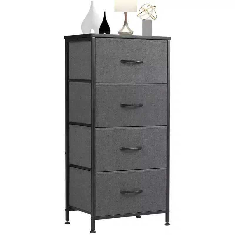 Commode à 4 tiroirs en tissu avec plateau en bois et cadre en acier